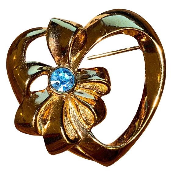 Vintage Gold Heart Flower Brooch With Rhinestone Center Retro Pin Jewelry Access - Picture 2 of 7